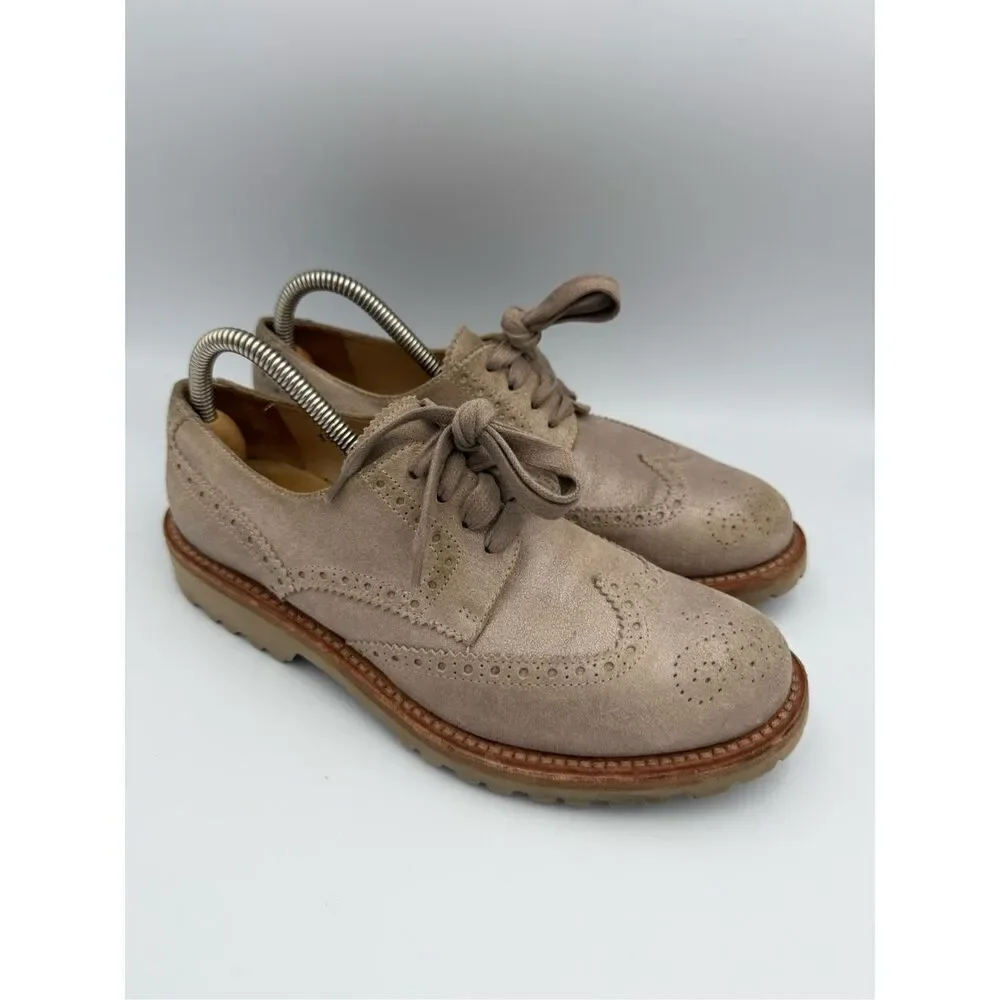 Brunello Cucinelli Suede Lug Sole Wingtip Oxford Shoes Tan Metallic Size 39.5 (w